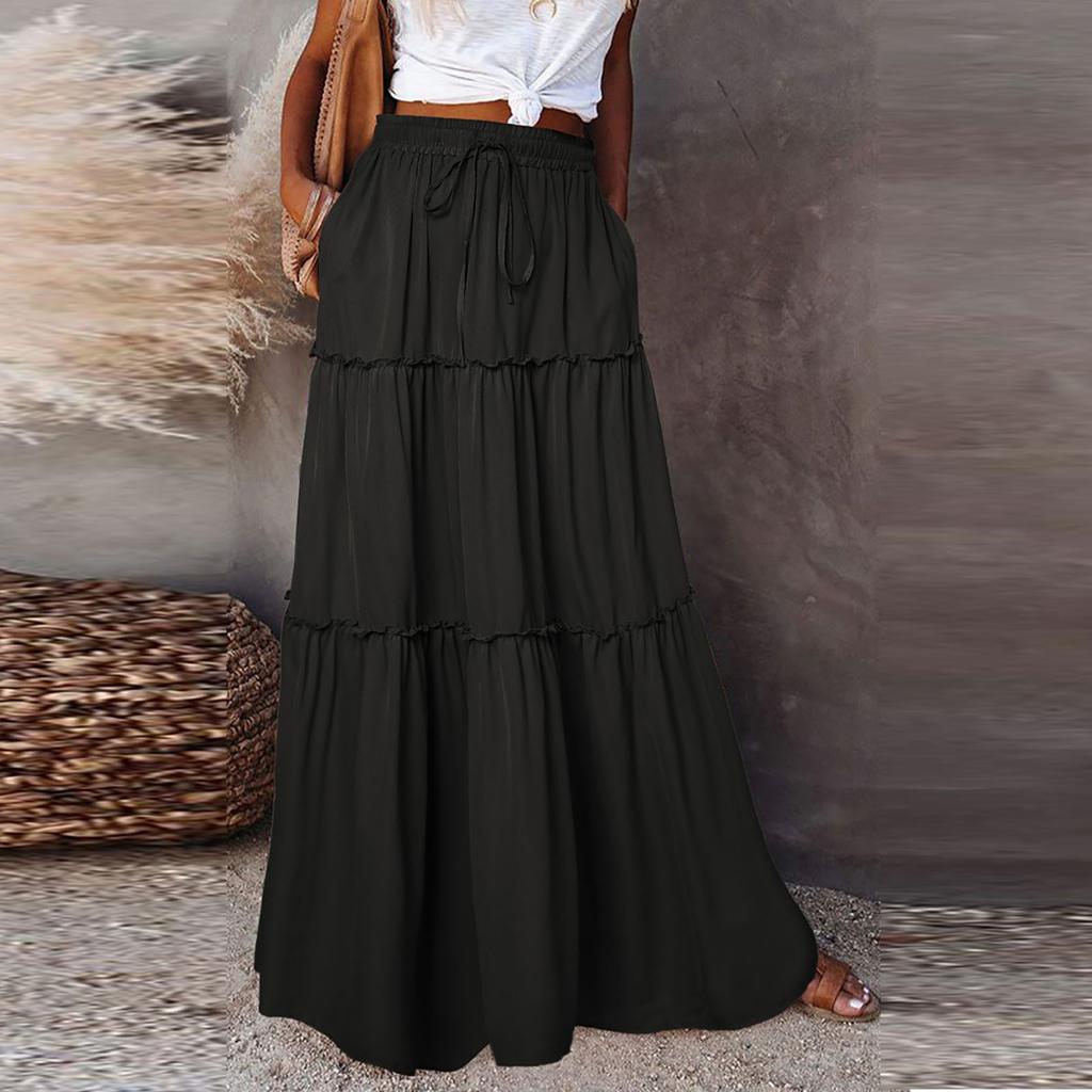 Women's Fashion Solid Color Elastic Waist Skirt Loose Casual High Waist Tie Long Skirt