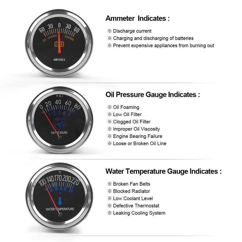 LODENQC 2" 52MM 3 In 1 AMP meter Oil pressure Water temp gauge Chrome Universal Triple gauge Kit Car Meter LC101015