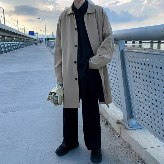 Мужская ветровка, пальто с лацканами, длинный рукав, двубортный тренчкот с карманами, однотонный, свободный крой, повседневная верхняя одежда средней длины