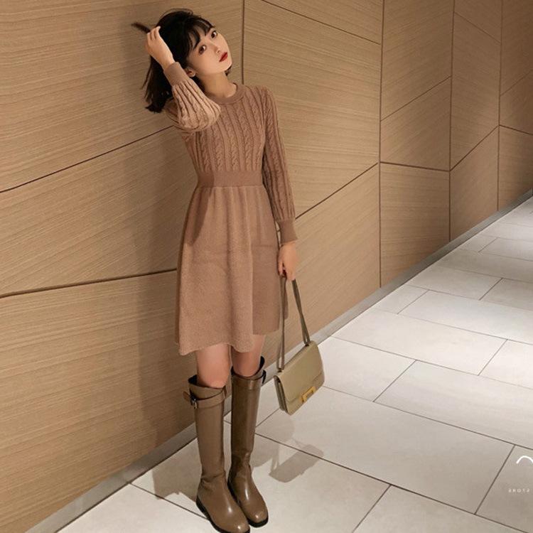 Autumn and Winter Women's Knitted Dress Waisted New Year's War Dress Round Neck Bottoming Twist Sweater Skirt