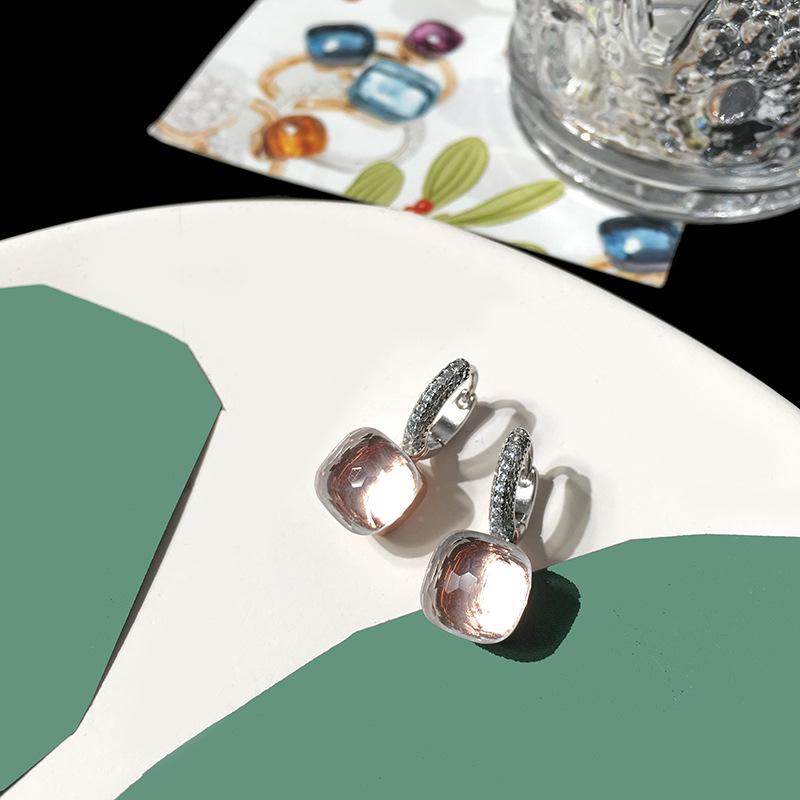 Серьги-пусеты из серебра S925 в стиле знаменитостей – Грибовидная головка с бриллиантовой инкрустацией и квадратным камнем конфетного цвета