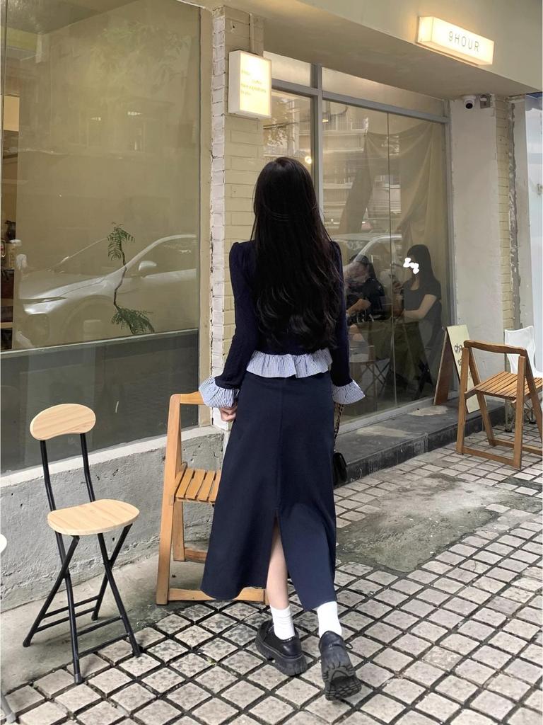 Женский костюм-двойка в студенческом стиле: Элегантная длинная юбка с завышенной талией на весну и осень