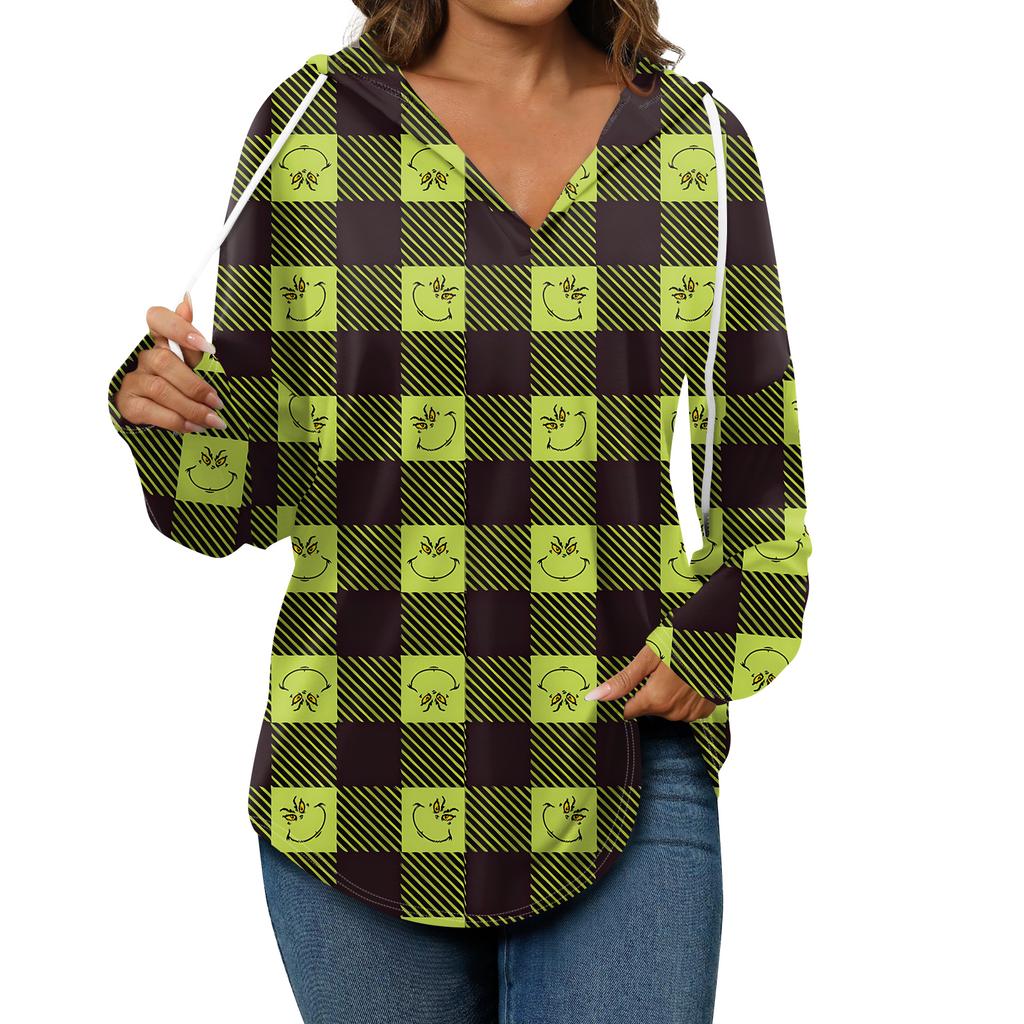 Женские модные худи с V-образным вырезом, длинным рукавом, рождественским принтом, кулиской, повседневные, свободные, пуловерные топы