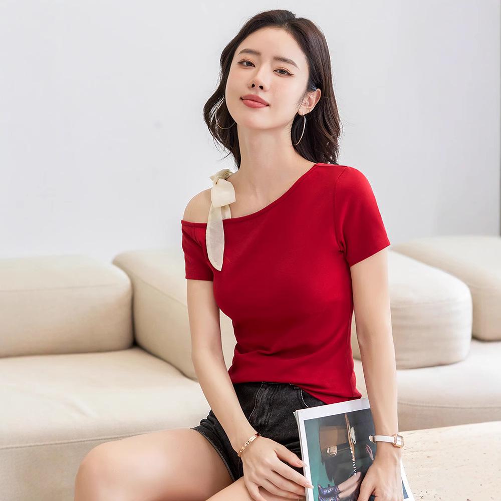2025 Sexy Korean Off-the-Shoulder Slimming T-Shirt - Women's Cotton Short Sleeve Top