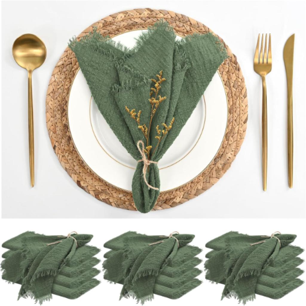 12 Piece Cotton Linen Napkins 16x 16 "Handmade Tassel Soft Fabric Napkins Washable Vintage Tableware Cloth Green