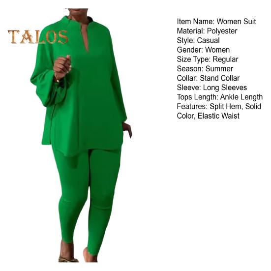 2 шт./компл., женский топ, брюки, комплект с воротником-стойкой и длинным рукавом, свободная блузка с разрезом по краю, эластичная талия, облегающие брюки, повседневная одежда, летняя одежда