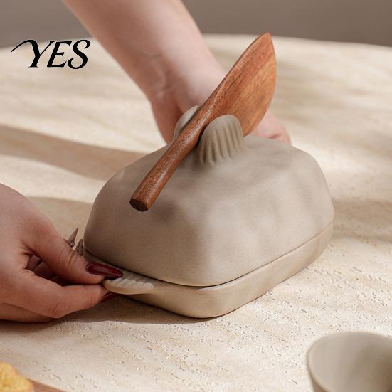Ceramic Butter Server Dish with Lid And Wooden Knife, Kitchen Countertop Cheese Storage Tray, Keeper Container for Fridge & Table Serving