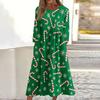 Women's Casual Round Neck Christmas Print Midi Dress Long Sleeve Pocket Dress