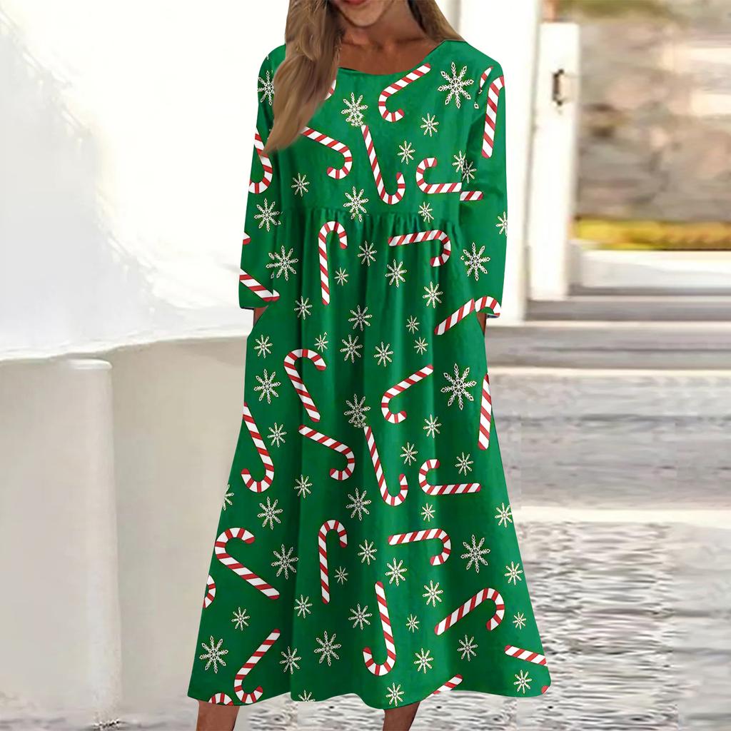 Women's Casual Round Neck Christmas Print Midi Dress Long Sleeve Pocket Dress
