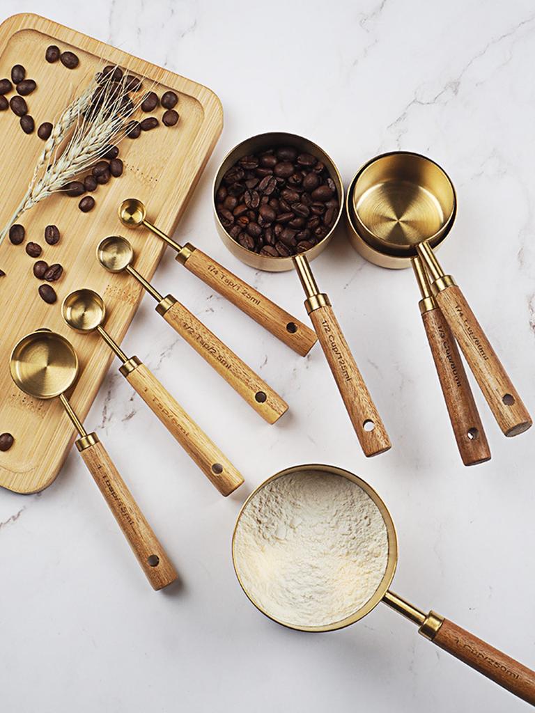 Leeseph 8 Piece Coffee Gold Measuring Cups Set and Measuring Spoons, Wood Handle Measuring Cups, Coffee Spoon Measuring Tools