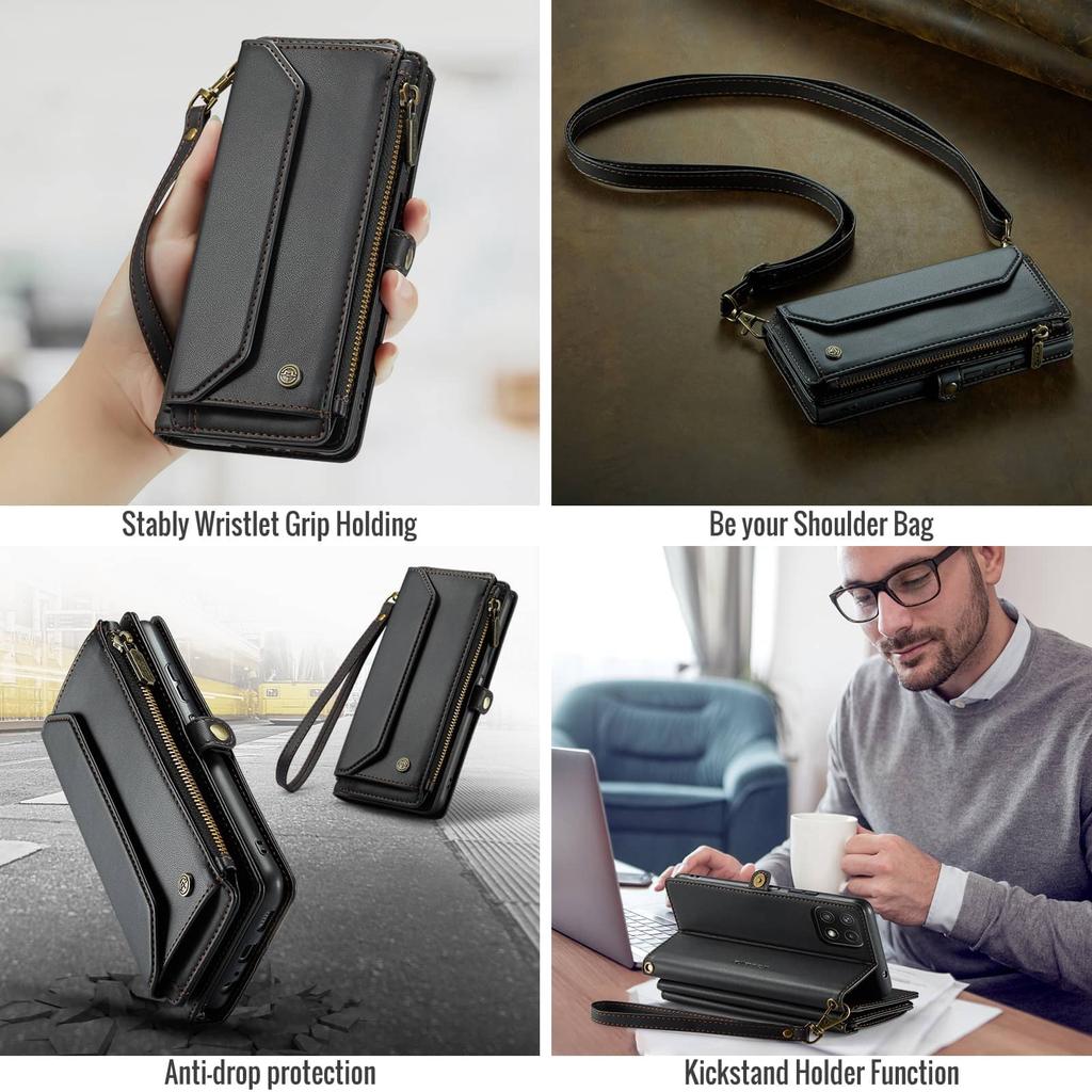 Crossbody for Samsung Galaxy A22 5G Case Wallet RFID Blocking with 10-Card Holder Zipper Bills Slot, Soft PU Leather Magnetic Shoulder Wrist Strap