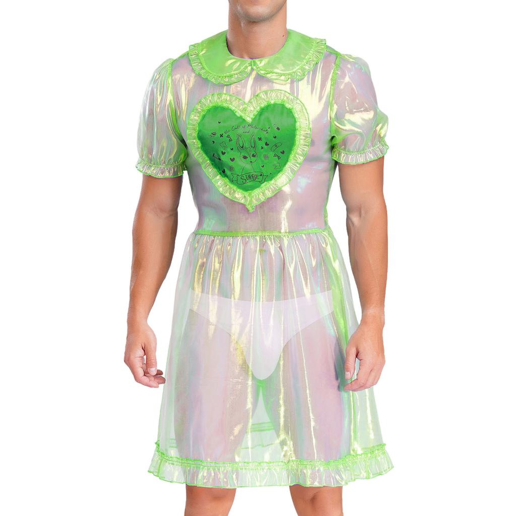 Мужское прозрачное сетчатое платье горничной, милый воротник, рукава-буфы, расклешенное А-силуэта, костюм для кроссдрессинга, клубная ночная одежда