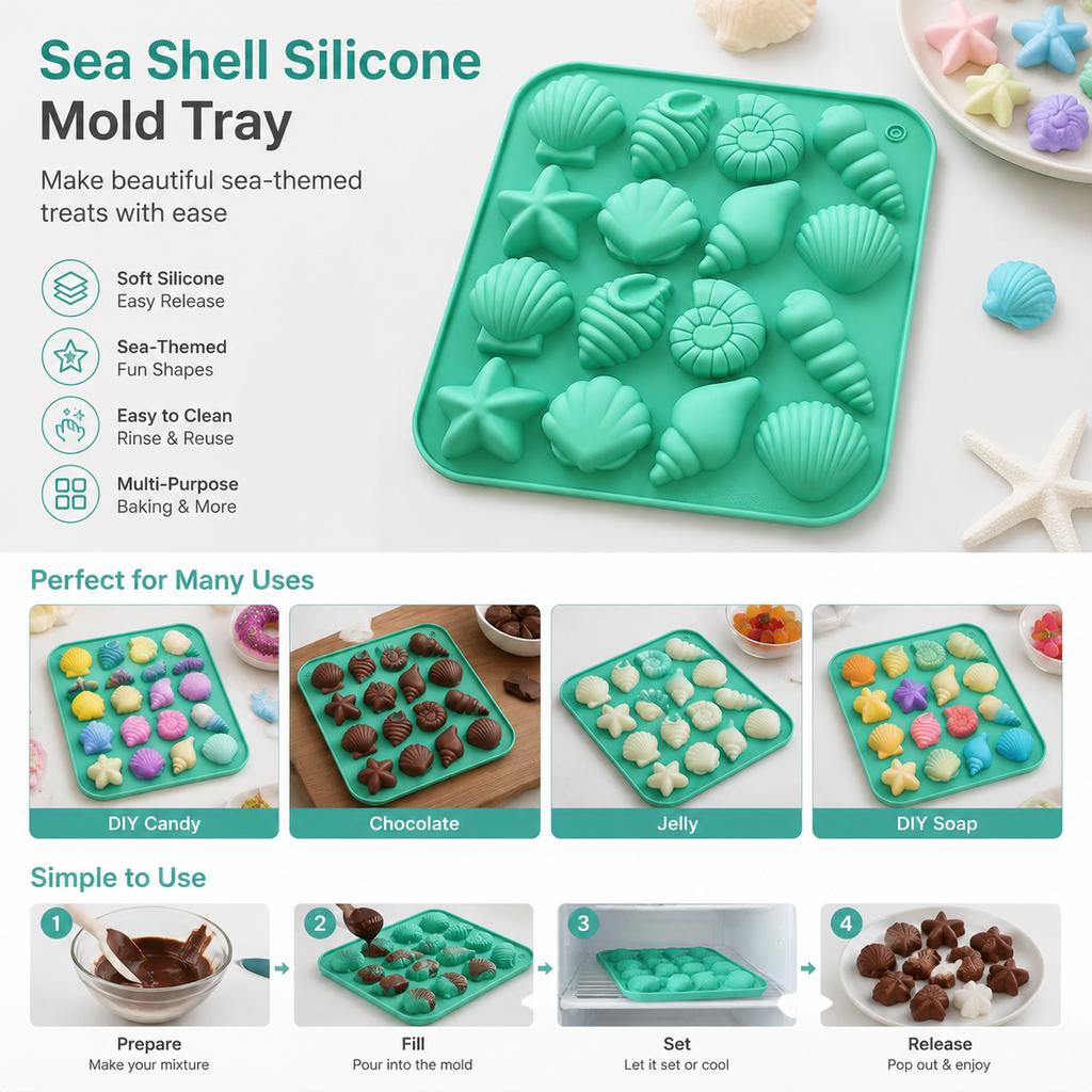 Silicone Mold Tray, Green Sea Shell and Starfish Shapes, 18 x 17 cm, Flexible Baking Form for DIY Candy Chocolate Jelly