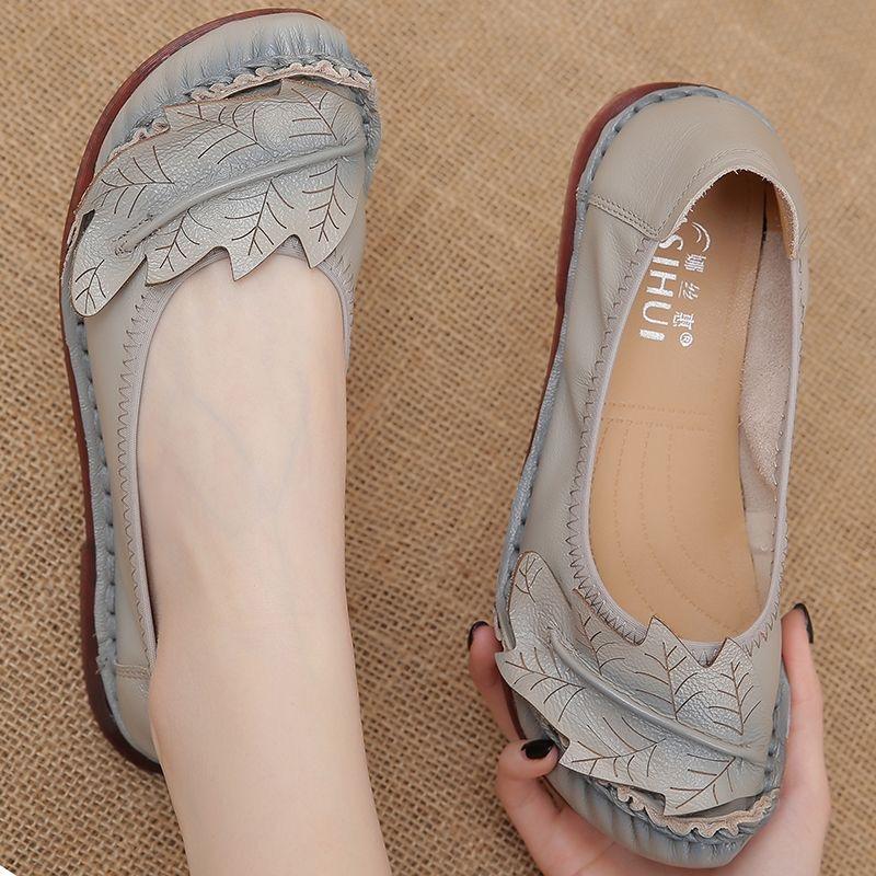 Spring Autumn Genuine Leather Shoes Women Loafers Leaf Style Soft Fashion Brand Flat Cow Leather Shoes Blue Black Yellow Plus Size 41