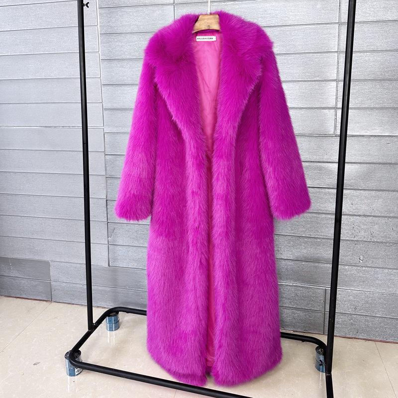 Women's Extra Long Faux Fur Coat with Suit Collar