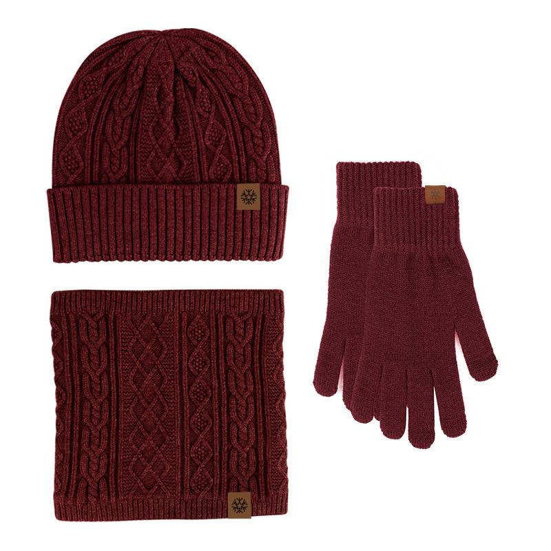 Ankola Red Hat Scarf Glove Cover Set Winter Warm Outdoor Cold Thickened Velvet Ear Protector Knitted Hat