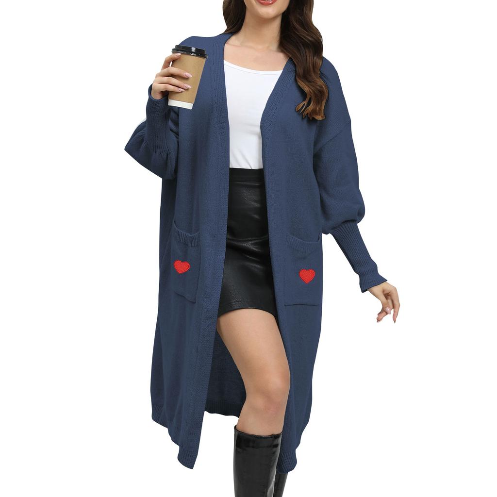 Women's Casual Fashion Comfortable Loose Lazy  Love Patch Knitted Sweater Double Pocket Sweater Cardigan