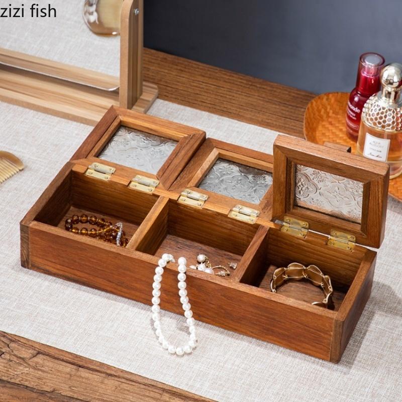 Ящик для хранения из цельного дерева, стеклянная крышка, шкатулки для украшений, 3 решетки, тарелка для закусок, коробка для сухофруктов, коробки для конфет, органайзер для украшений, подносы для закусок