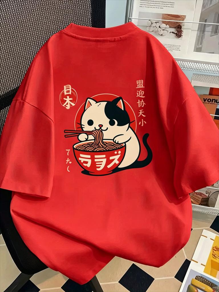 Kawaii Raunisex Cat Graphic T Shirt Japanese Kanji Back Print Harajuku Aesthetic Unisex Loose Casual Short Sleeve Tops