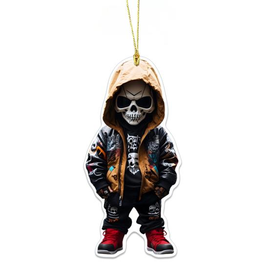 Halloween Car Ornament Cool Skeleton Acrylic Car Rearview Mirror Charm 2D Flat Skull Hanging Pendant for Car Interior Backpack Accessory