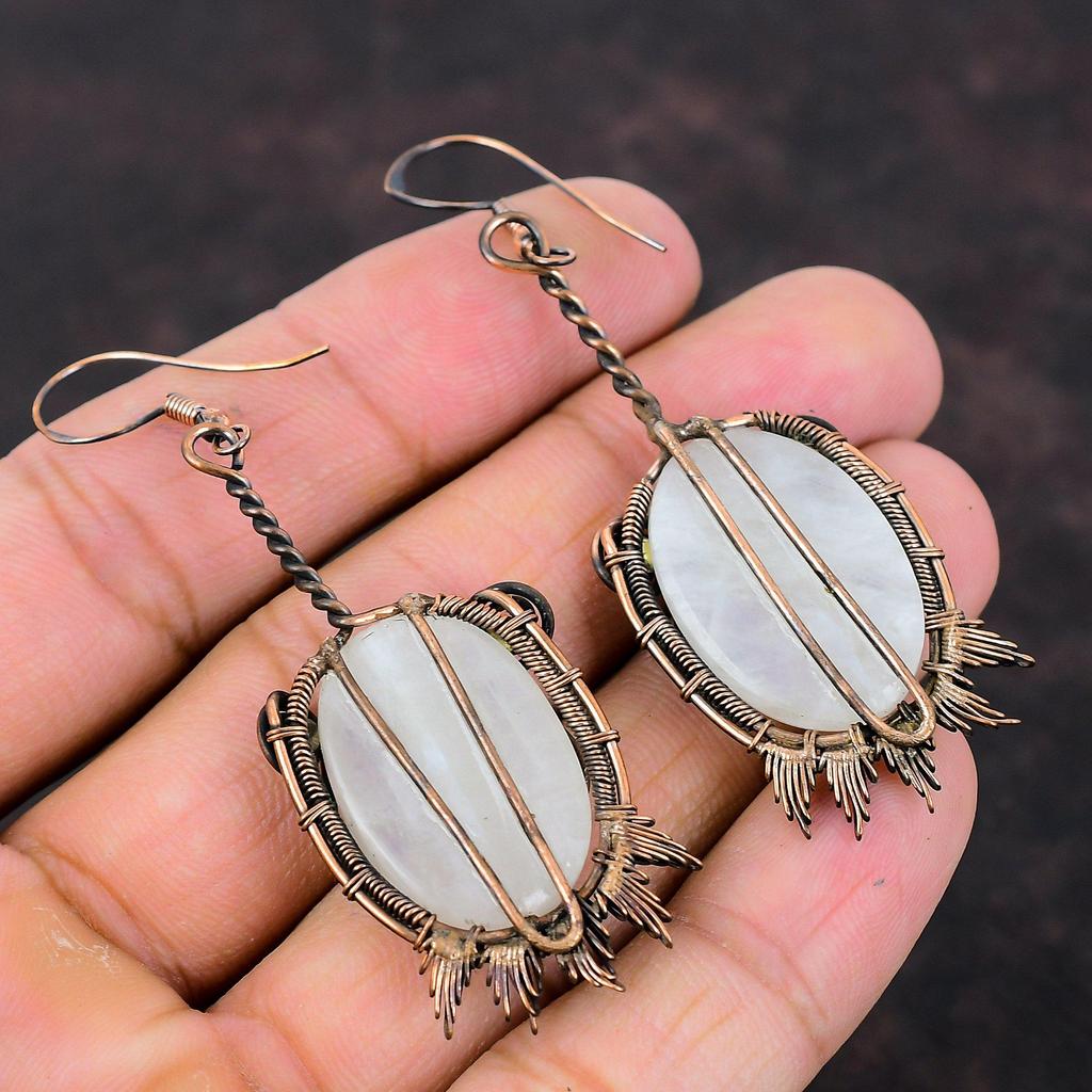 Серьги с радужным лунным камнем, обмотанные медной проволокой, серьги ручной работы, драгоценные камни, серьги из медной проволоки, подарок для нее, совершенно новые серьги