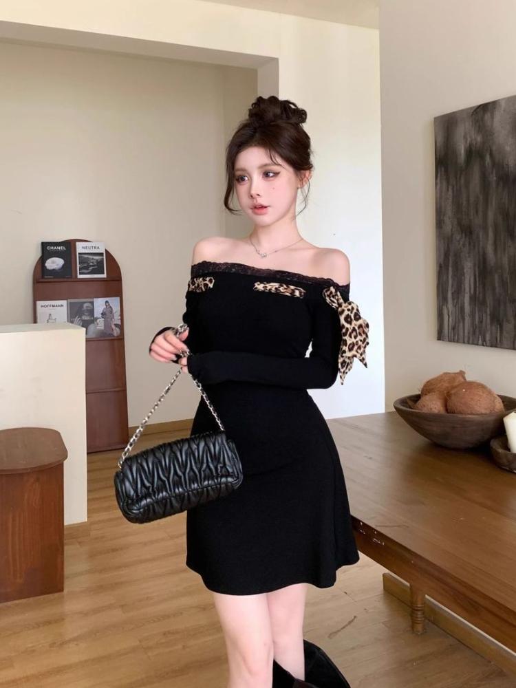 Осеннее кружевное леопардовое принтовое платье с длинным рукавом и диагональной строчкой на плечах, черное чистое платье Desire с завышенной талией, короткие платья American Spice Girl