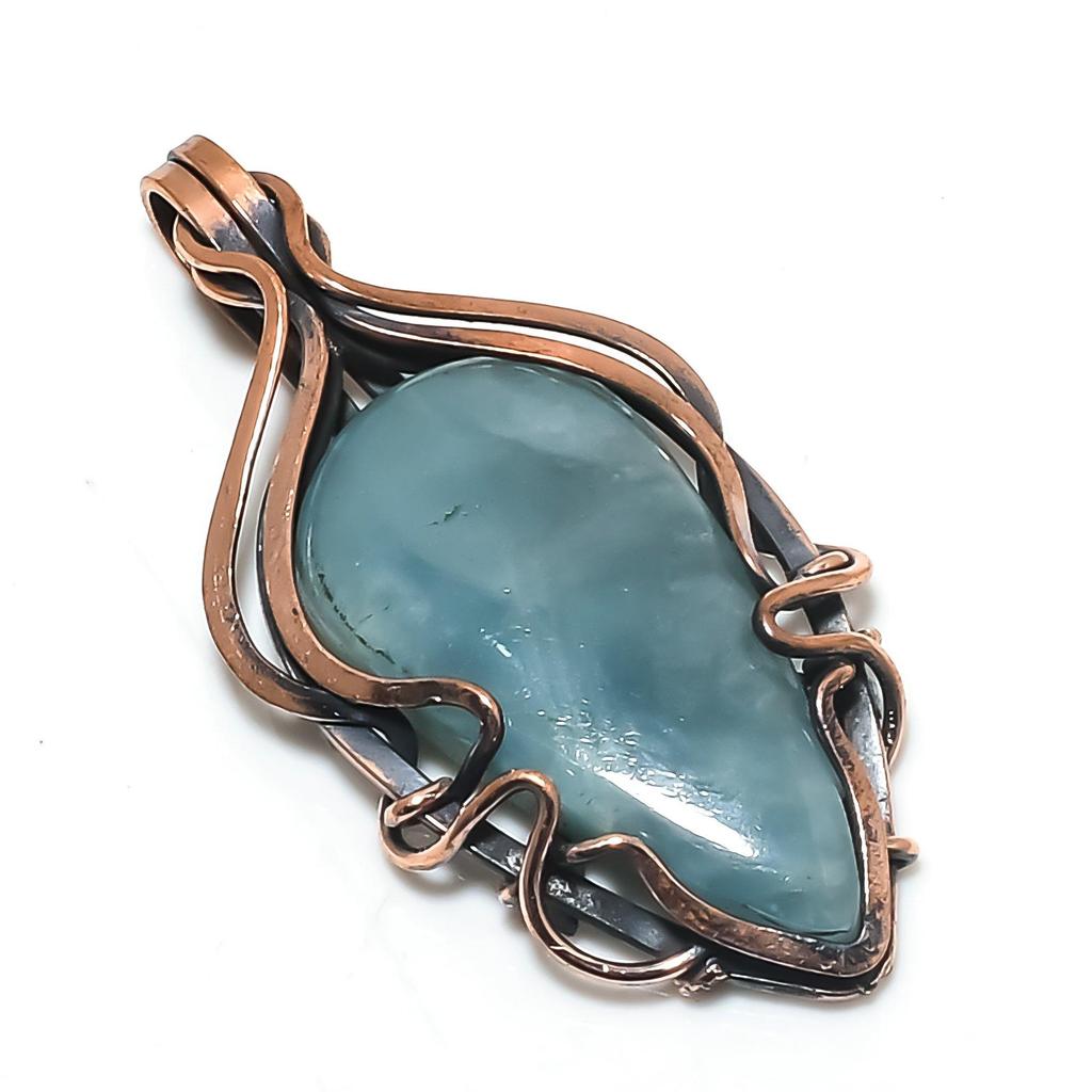 Aquamarine 999 Copper Wire Wrapped Pendant, Handmade Gemstone Jewelry Pendant For Memorial Day