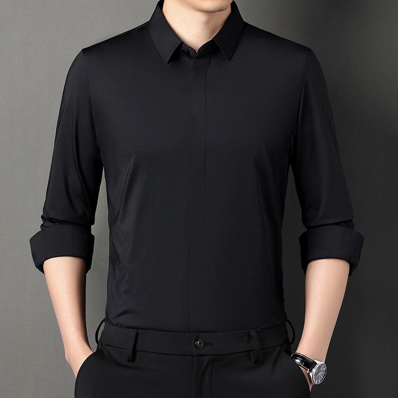 Men's Long-Sleeved Shirt Spring and Autumn Dark Placket Business Casual Solid Color Elastic Seamless Shirt