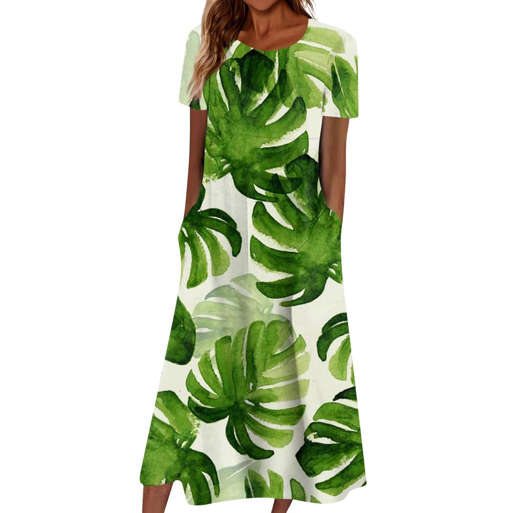 Summer Dress For Women Casual Printed V-Neck Short-Sleeve Beach Swing Dress