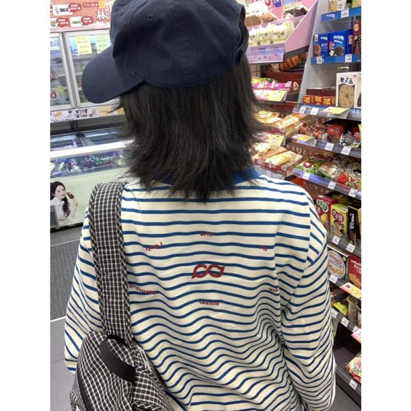 Womens Retro Blue Striped Long Sleeve T-Shirt Loose Chic Fall Base Top Casual Round Neck