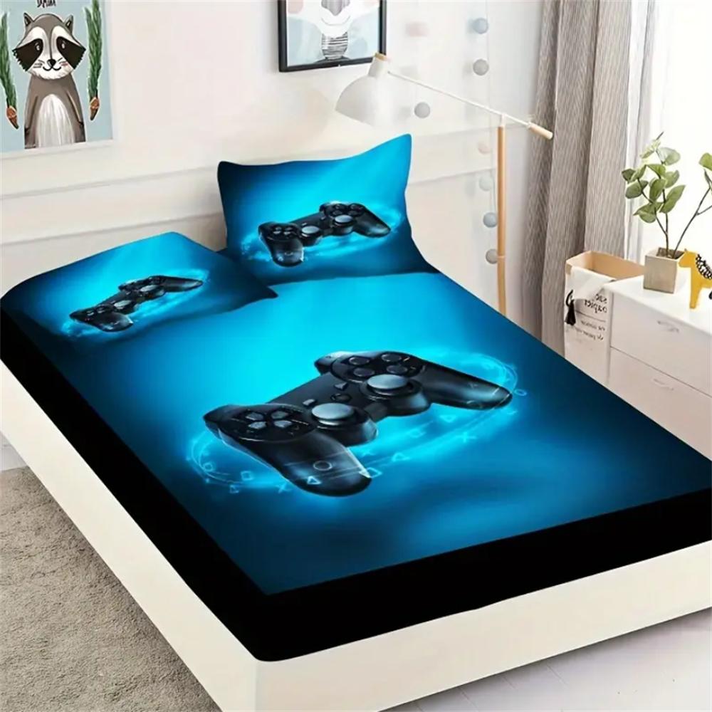 2/3pcs Gamepad Print Fitted Sheet Set (1* Fitted Sheet + 1/2*Pillowcases, Without Core), Mattress Covers Bedding, Soft Comfort