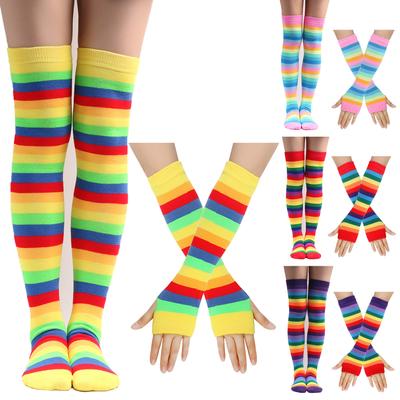 Женские чулки до бедра, комплект перчаток с рукавами для девочек, черные, белые полосатые длинные гольфы выше колена, косплей Лолита