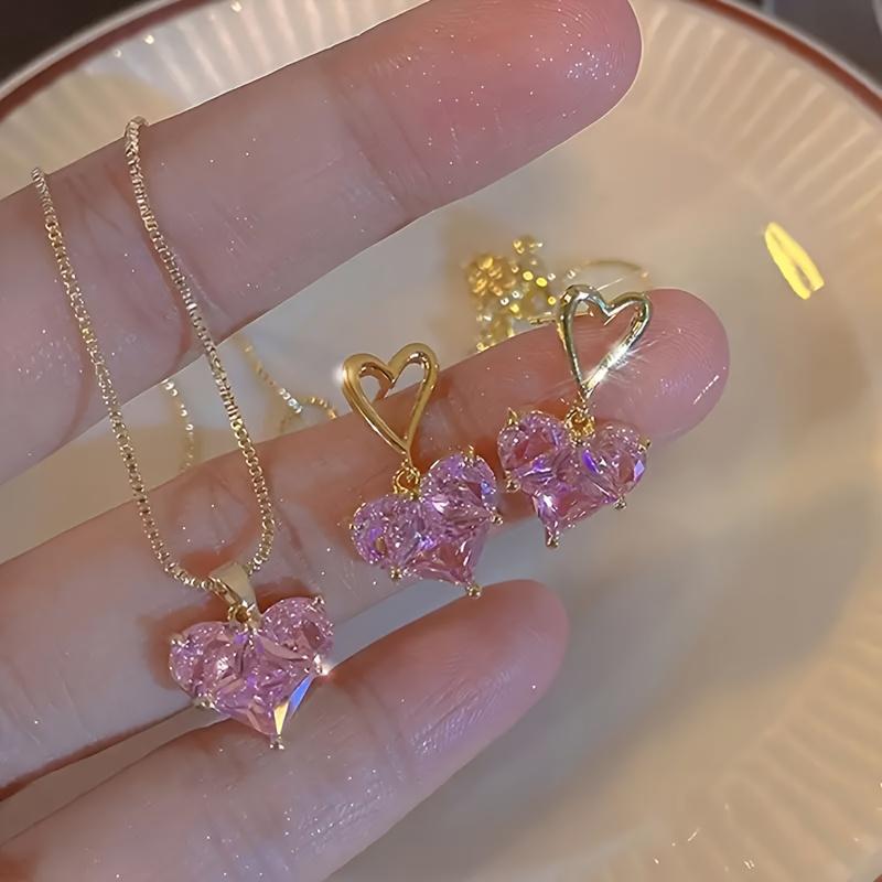 Luxury Pink Heart Pendant Necklace and Earrings Set, Sexy Y2K Trend Fashion Jewelry, Zinc Alloy, Daily & Party Wear - Ideal Valentines Gift for Her -