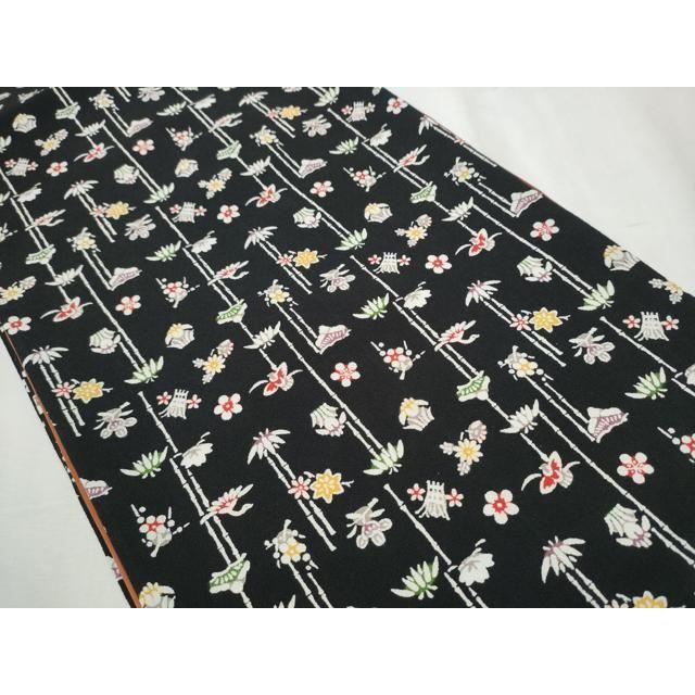 Used Heiwaya Kimono Double-sided, full-pattern bag obi, die-dyed, Kusakane, black, onishibo crepe, pure silk, masterpiece CABB9325hy