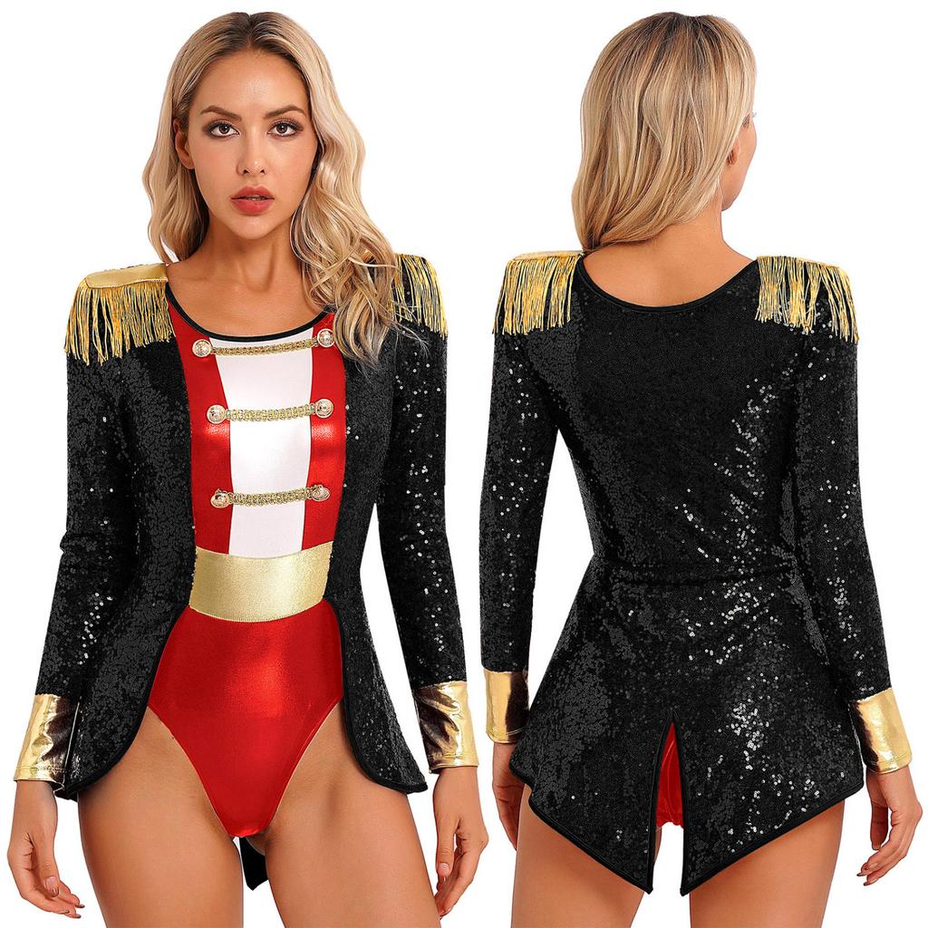 Womens Circus Ringmaster Cosplay Bodysuit Long Sleeve Allover Sequin Tail Jumpsuit Halloween Festival Costumes