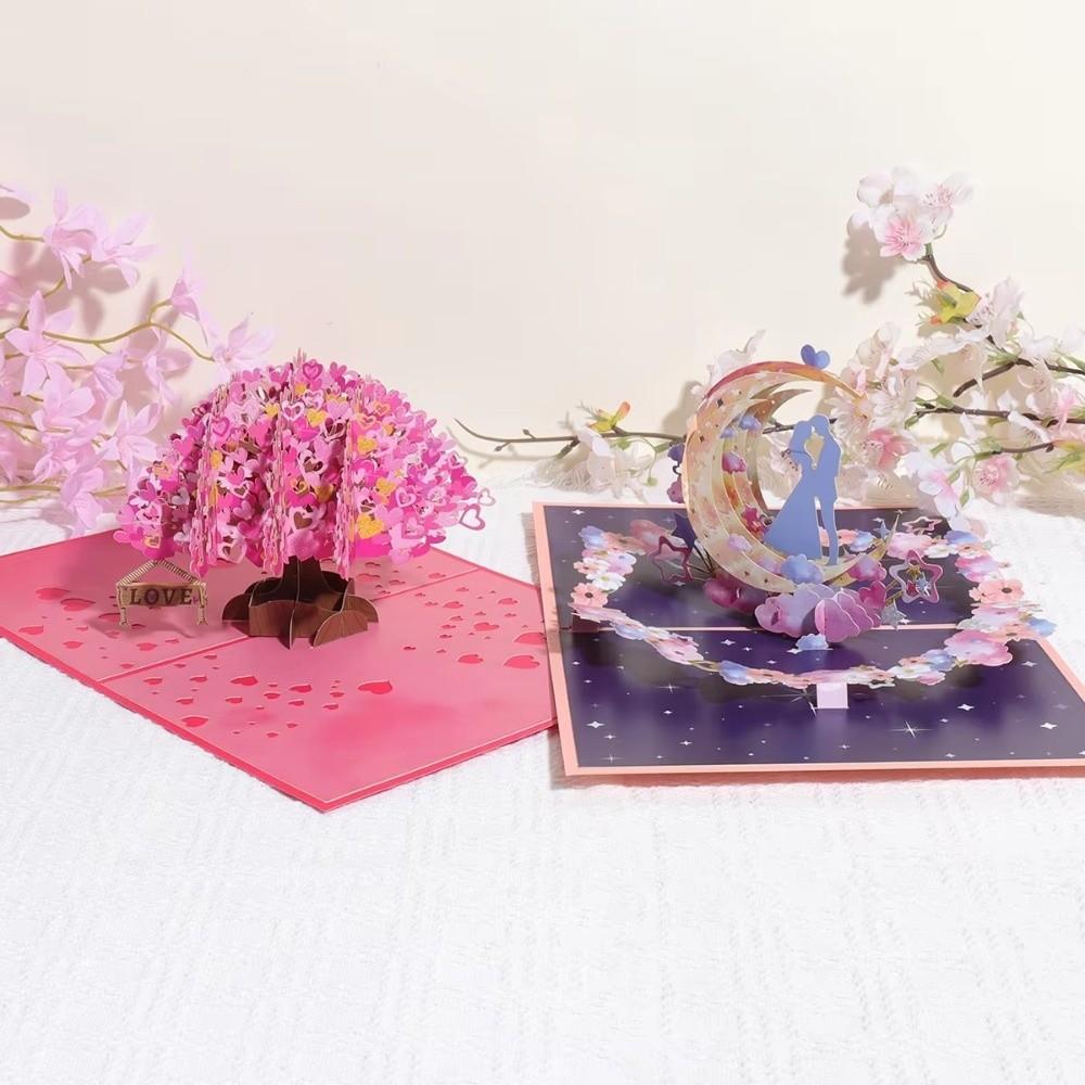 Romantic Theme 3D Pop Up Card Pop-Up Mechanism Heart Shape Butterfly Heart Card Handmade Craft Cherry Blossom Card Birthday Gift