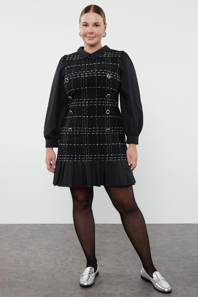 Women's Plus Size Dress Black Shirt Collar Plaid-Checked Mini Tweed Dress
