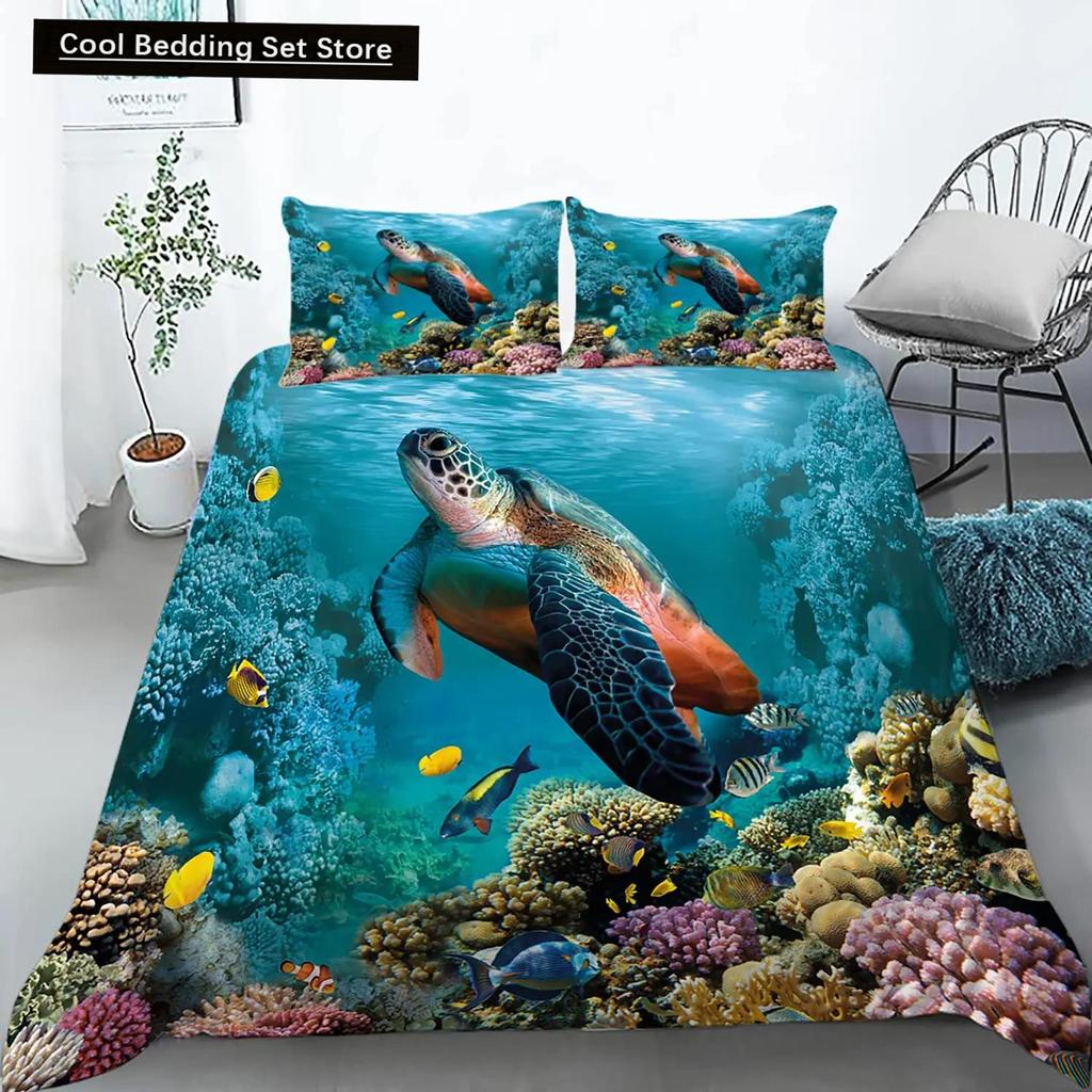 Sea Turtle Duevt Cover Set King Size Ocean Turtle Themed Comforter Cover for Teens Boys and Girls Soft Polyester Quilt Cover