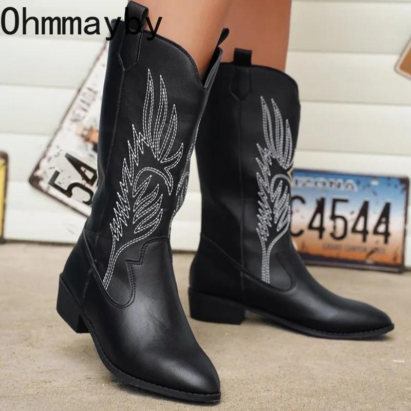 Мода Винтаж Толстый каблук Женские сапоги в стиле вестерн ковбойские модные туфли без застежек Осень Зима Вышивка Дамы Рыцарь сапоги