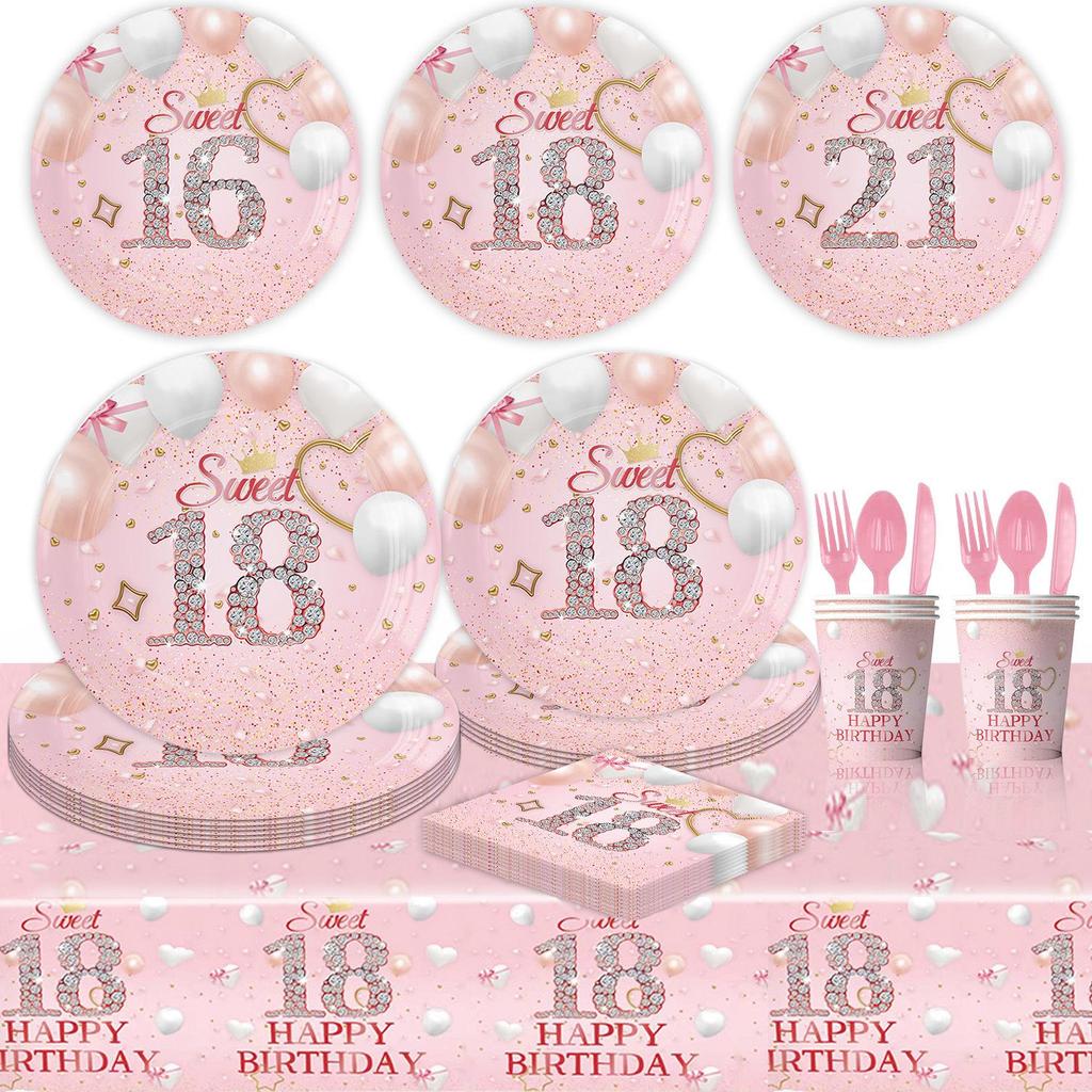 Cross-border Pink Birthday Party Tableware: 16th, 18th, 21st & 1st Celebration Paper Plates & Tablecloth Decoration