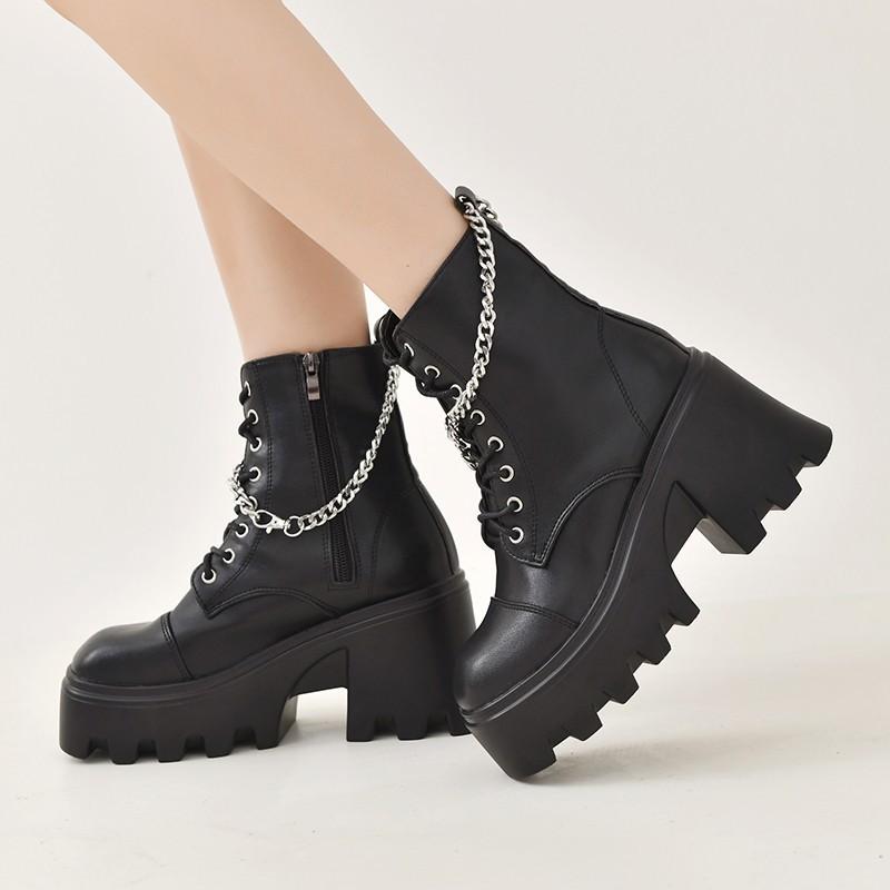 Winter Oversized Gothic Black Boots Women's High Heels Sexy Chain Thick Heel Thick Sole Women's Boots