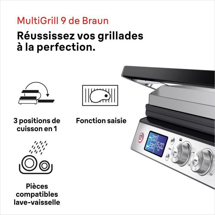 Grill multifonctions - braun - multi pro 9 - 2000 w - 3 positions de chauffe - noir / acier