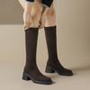 Корейская версия новых замшевых высоких сапог однотонные на задней молнии на среднем каблуке большого размера женские кожаные сапоги осень и зима круглый носок Мартин б