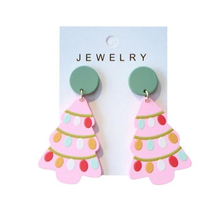 Elegant Cute Acrylic Holiday Earrings In Pink With Cheerful Christmas Elements