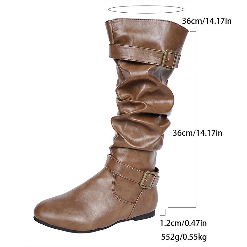Модные плиссированные ботфорты до колена на плоской подошве Женские ретро коричневые из искусственной ПУ кожи Вестерн ботинки Женские с ремешком с пряжкой Декор Молния Длинные боты Mujer