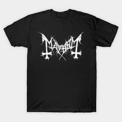 Мужская черная футболка с принтом Mayhem - Логотип (Белое издание) Хлопковая футболка с термотрансферным принтом без вырезки