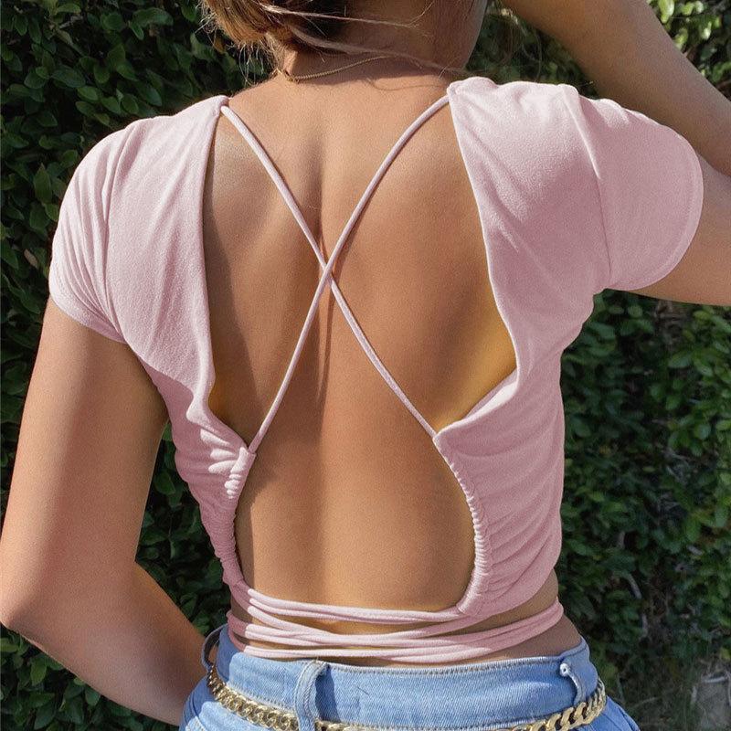 Open Back Crop Tops Summer Women Bandage Lace-up Backless Solid Pullover T Shirt Slim Tee