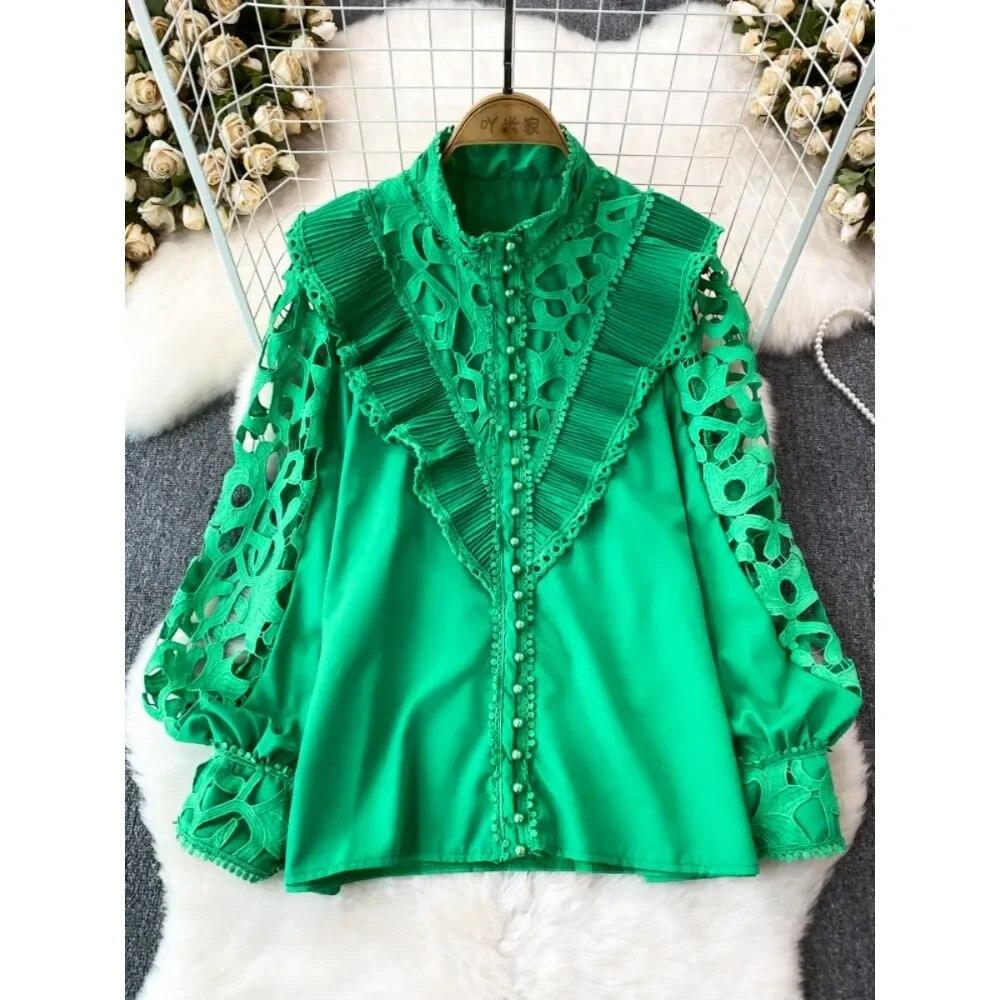 Винтажная блузка в стиле суда для женщин, с воланами, ажурные кружевные лоскутные рубашки с длинными рукавами-фонариками, женские блузки, Прямая поставка