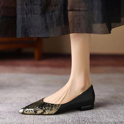 Туфли-лодочки с острым носком, узором под змею, без застежки, на низком каблуке, элегантные, для женщин, летние, молодежный тренд, корейский стиль, шик, острый носок, повседневные, женские балетки