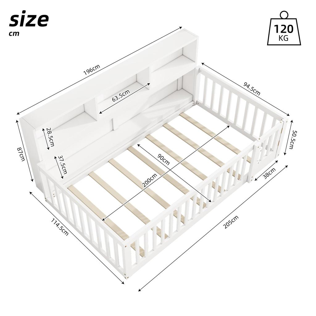 Kinderbett 90x200 Bodenbett Staufach Brüstung Türen Funktionsbett Holzbett Lattenrost Tagesbett Jugendbett Kiefernholz ohne Matratze weiß